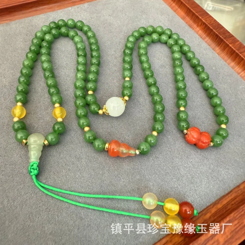 Natural Jasper Round Multi-Circle Bracelet Women Hetian Jade Buddha Bead Chain Red Agate Necklace Hanging Chai