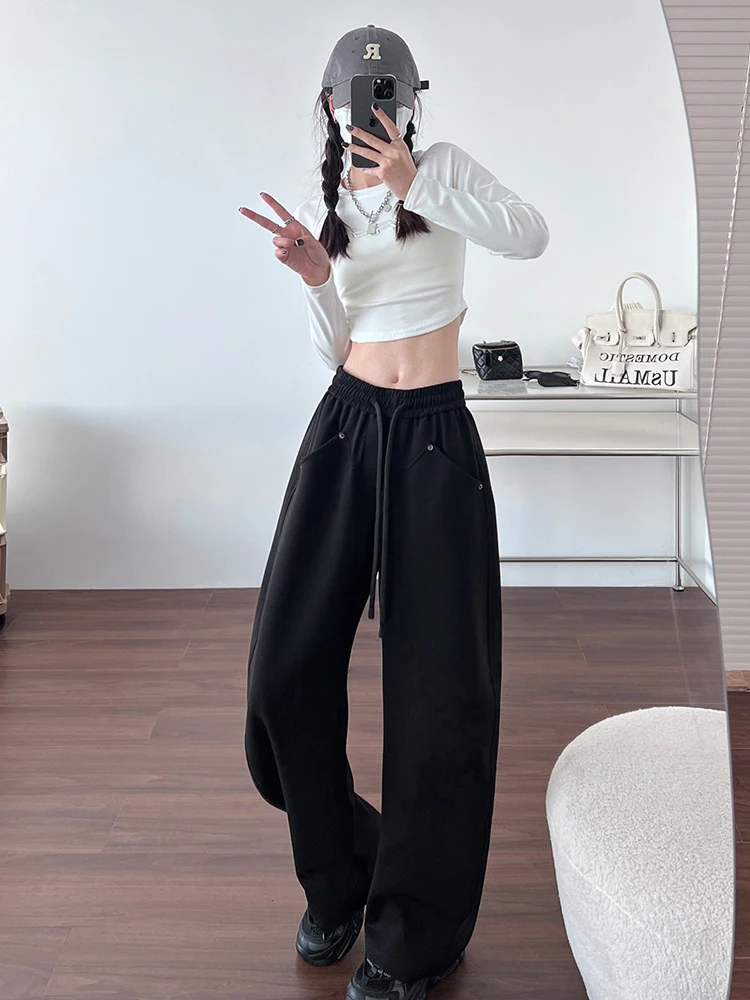 

Slim New Solid Color Woman Pants Simple Fashion Basic Street Women Pants Casual Loose White Gray Black Knitted Wide Leg Pants