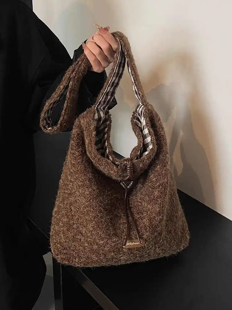 

Fashion Woolen Tote Bags For Women Autumn New Large Capacity Student Commute Underarm Bags Casual Versatile Crossbody Bags