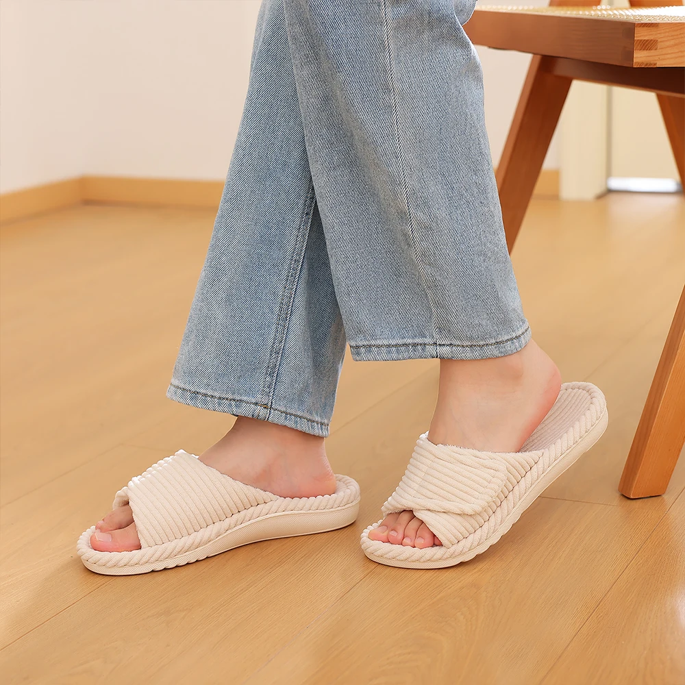 Kidmi Winter Open Toe Bedroom Slippers Women Soft Skin-friendly Corduroy Slippers Indoor Home Shoes Adjustable Arch Support