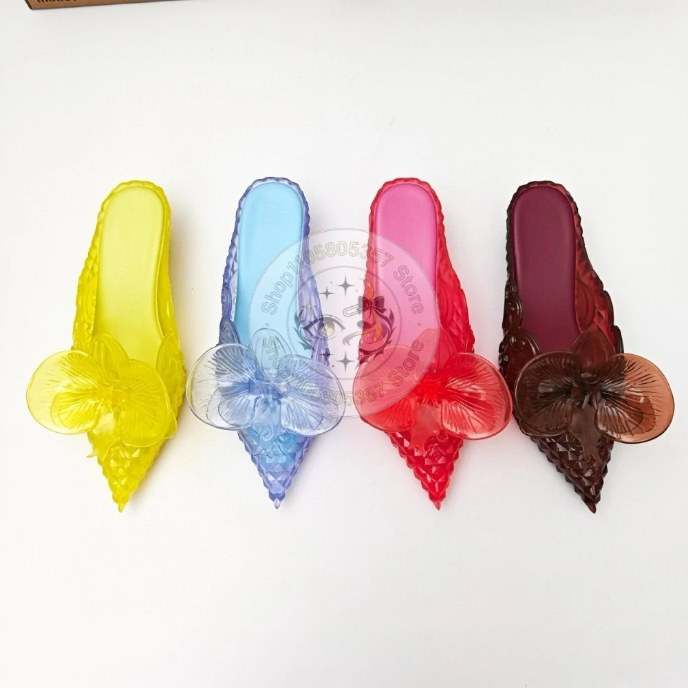 New Brand Style Women Pointed-toe Witch Crystal Low-heeled Slippers Retro Elegance Slippe Ladies Fashion Summer Jelly Slides