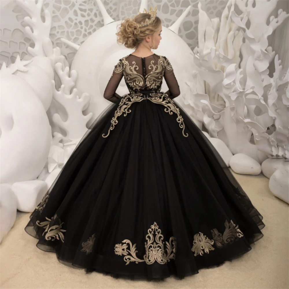 Blumen mädchen Kleider Geburtstag Luxus Schwarz gold Applikationen für die Erstkommunion Hochzeit Prinzessin Ballkleid Festzug