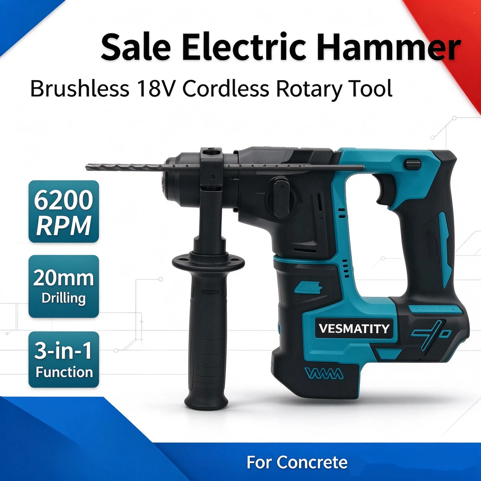 18V Wireless Brushless Hammer Drill SDS-plus Cordless Rotary Hammer For Concrete Brick Drilling, Suitable For 18V Battery