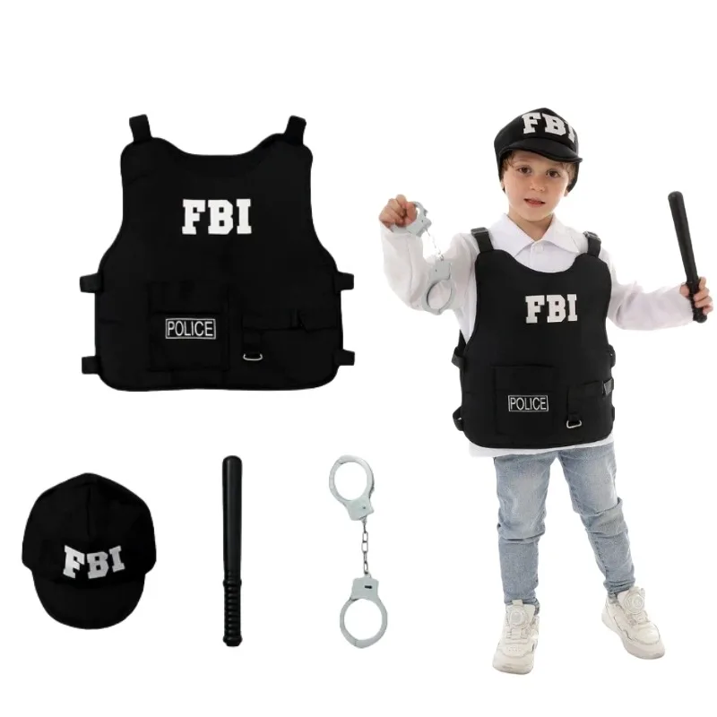 

Boys Girls Police FBI Agent Cosplay Costume Police Profession Vest Accessories for Halloween Carnival Stage Performace Dress up