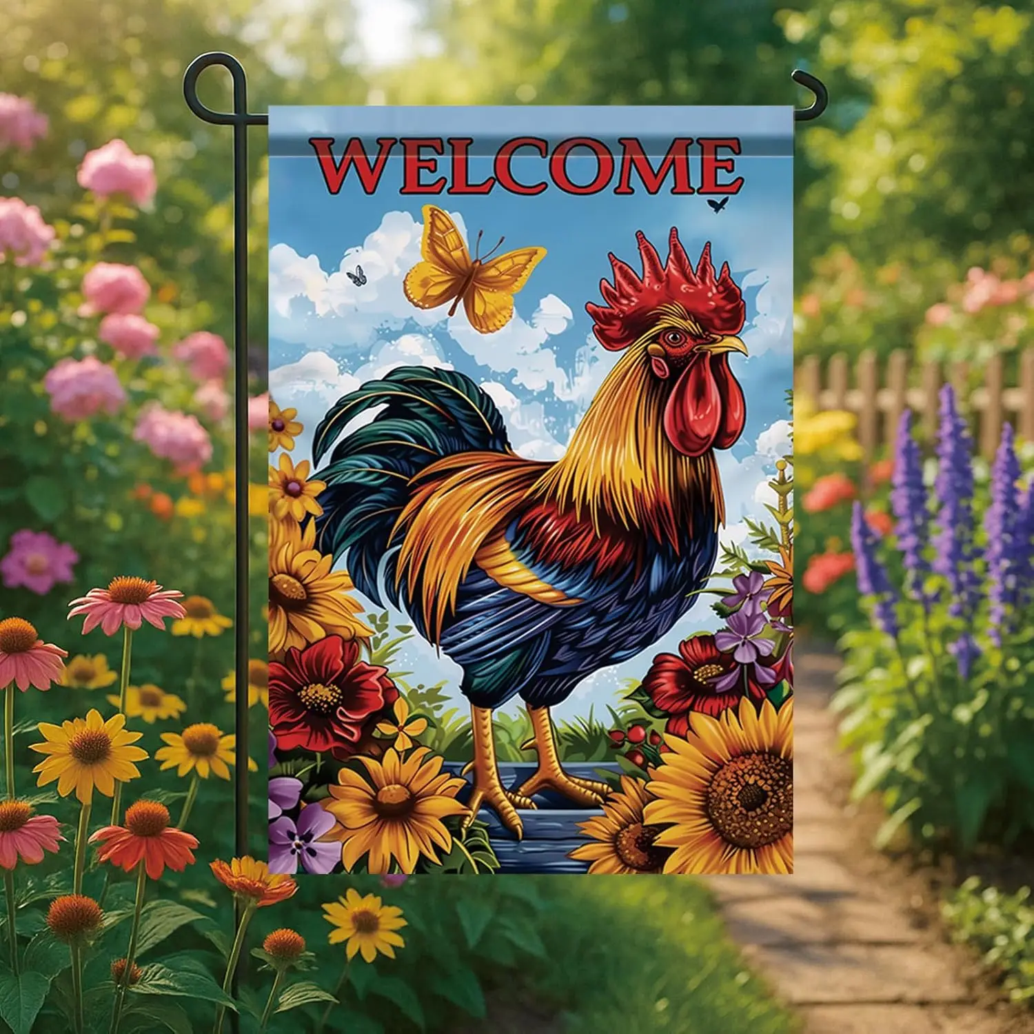 Spring Summer Garden Flag 12x18 Inch Colorful Rooster Welcome Floral Farm Animal Design Outdoor Yard Porch Lawn Garden for S AAS