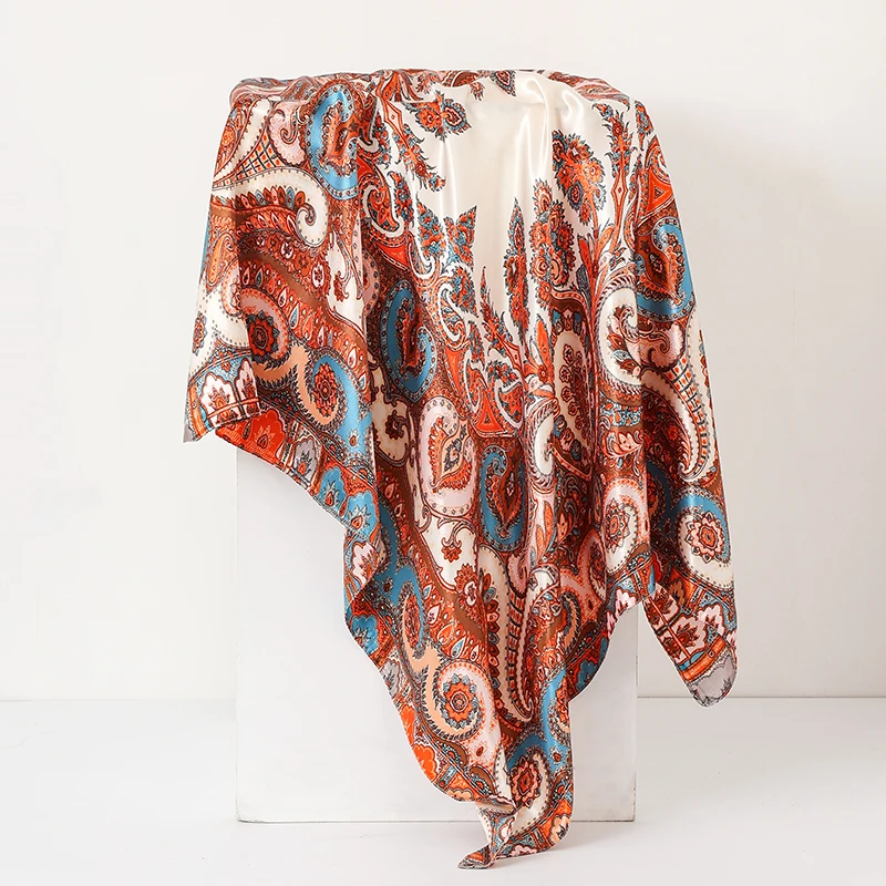 90 cm Platz Silk Schals Frauen Hijab Schals Paisley Cashew Blume Drucken Kopftuch Femme Kopf Schal Foulard Bandana Strand Pareo – Detail 18