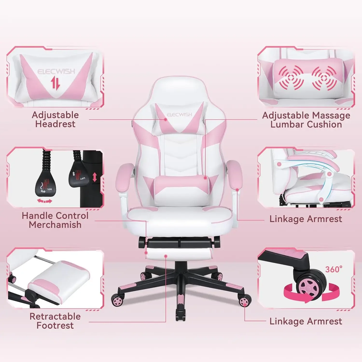 Gaming Chair with Massager, Computer Gaming Chairs with Footrest for Adults PU Leather High Back Racing Style Gamer Chairs