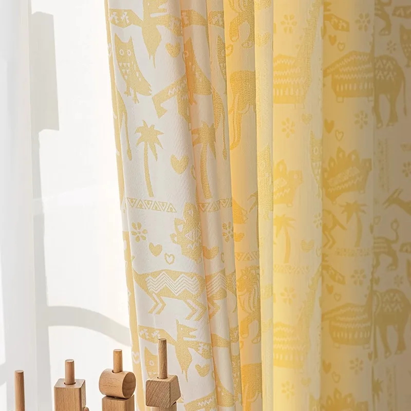 

Small animal pattern cotton and linen beige blackout bedroom curtains Nordic simple modern cartoon living room curtains
