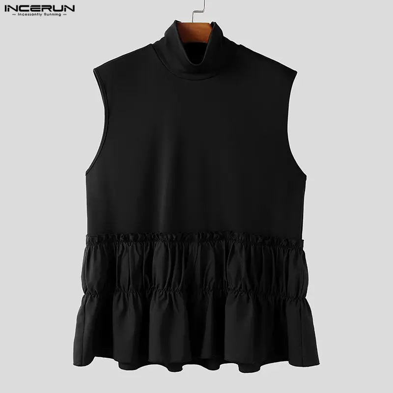 

INCERUN мужские топы на бретелях водолазка без рукавов с рюшами в стиле пэчворк мужские жилеты свободная уличная одежда индивидуальная модная повседневная мужская одежда