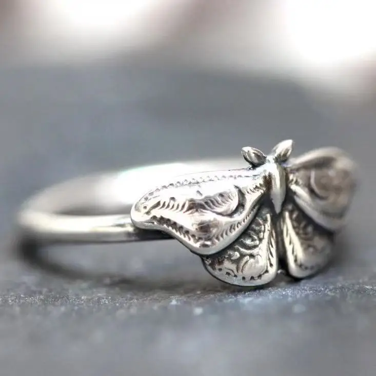 Vintage Death Moth Statement Ring, Retro Engraved Luna Moth Ring, Gothic Insect Stack‑able Jewelry, Unique Gift for Women Men view 4