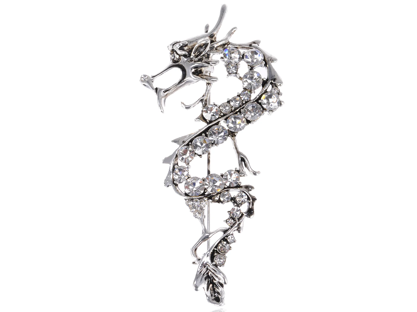 Silvery Tone Asian Clear Rhinestone Flying Dragon Fashion Pin Brooch