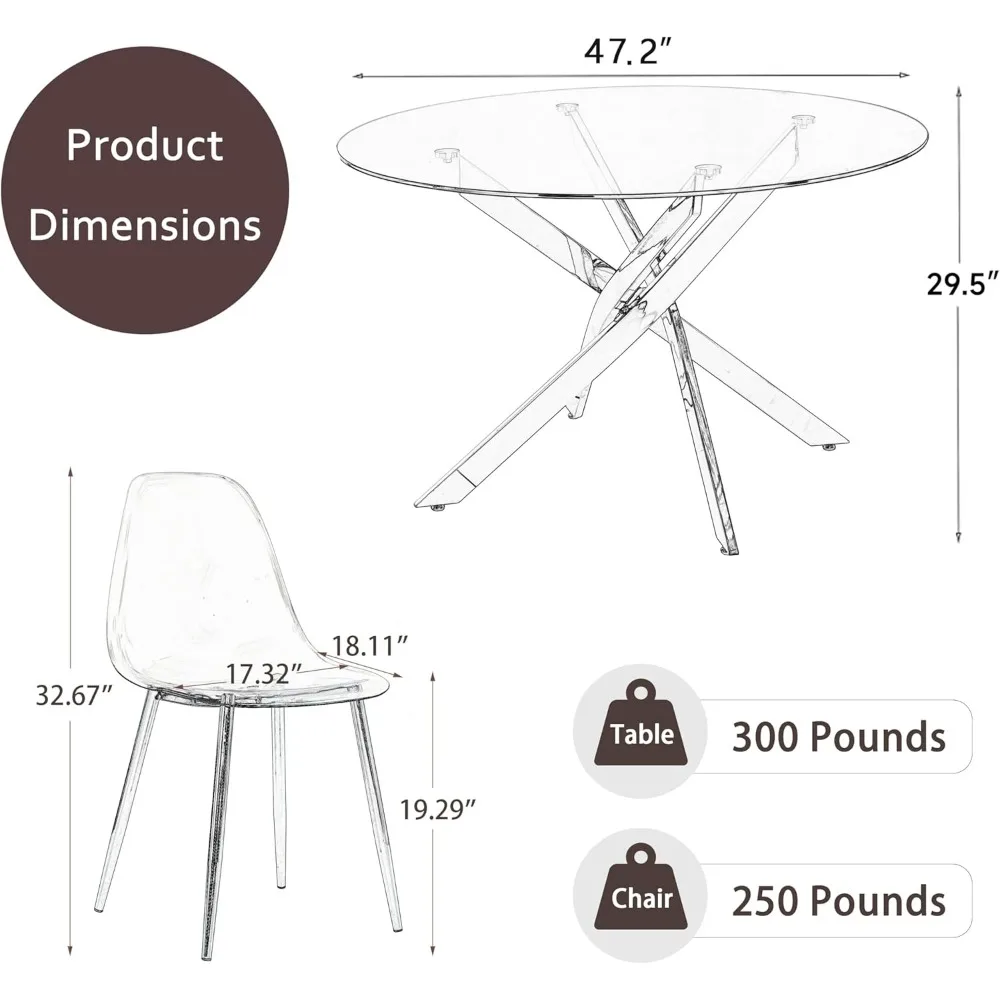 Tavolo da pranzo e sedie, tavoli da pranzo moderni, set da pranzo minimalista, sedia in acrilico trasparente, set da tavolo da cucina circolare da 7 pezzi