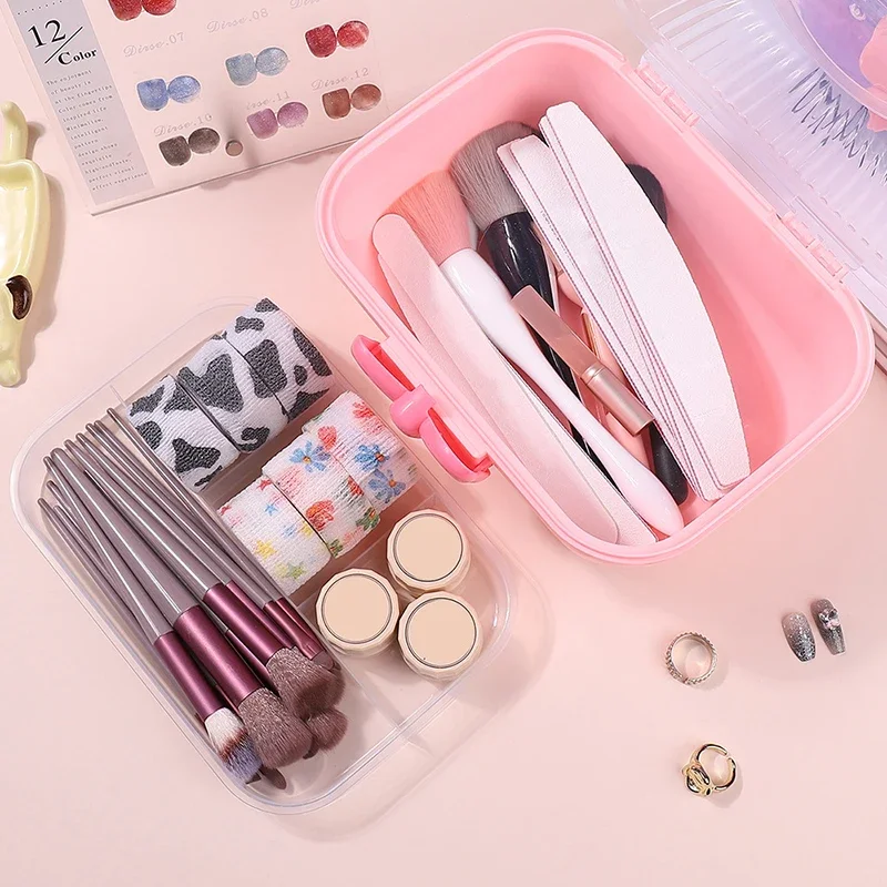 1Pc Double Layer Bow Plastic Nail Brush Tie Hairpin Storage Jewelry Children's Hair Accessories Organizer Portable Nail Tool Box