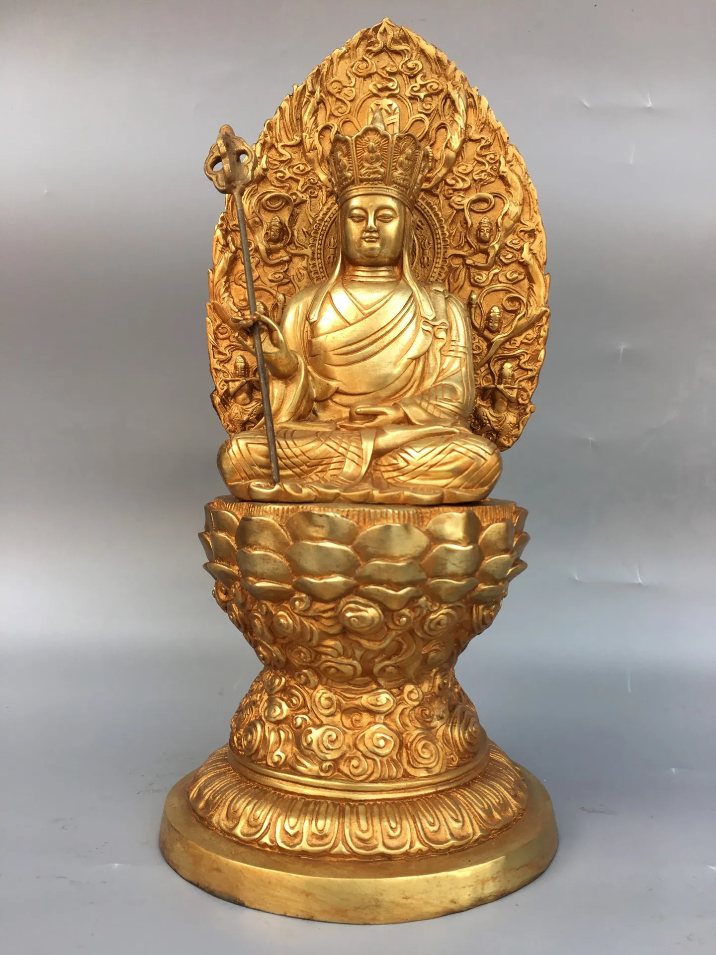 

14"Tibetan Temple Collection Old Bronze Gilded Ksitigarbha Bodhisattva sit Lotus Terrace Worship Hall Town House Exorcism