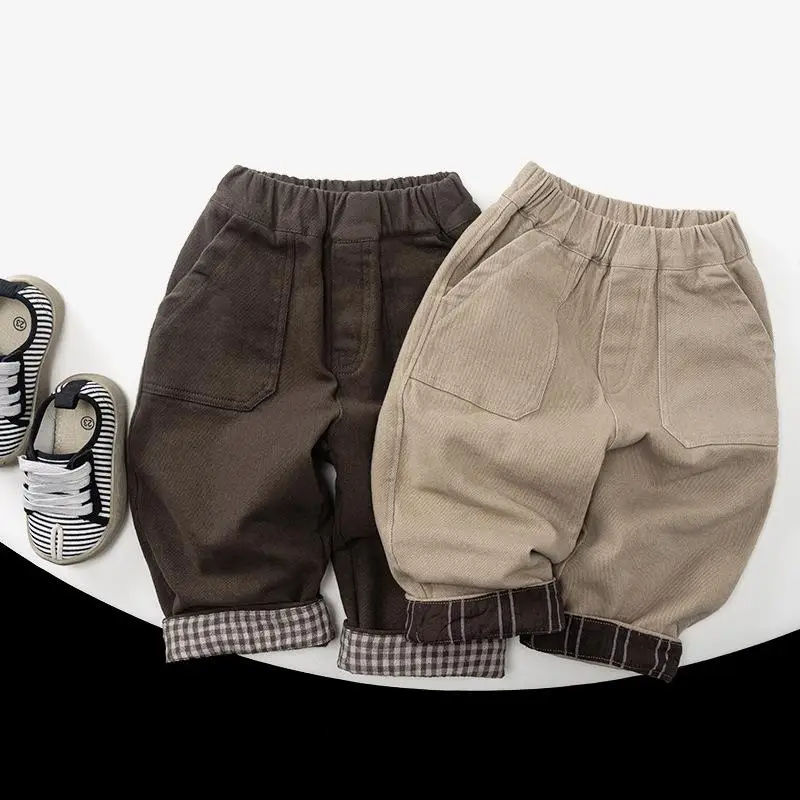 2025 Winter New Children Fleece Trousers Solid Boys Plus Velvet Thick Casual Pants Cotton Kids Girls Warm Pants Baby Clothes