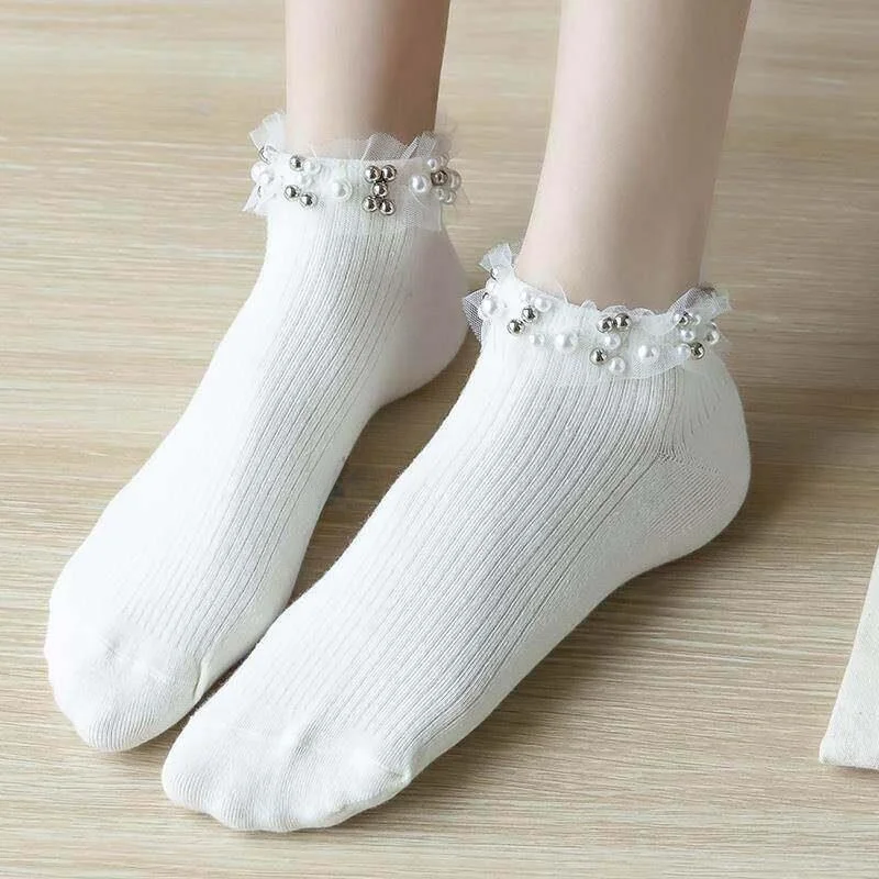Lace Edged Short Socks Women's Thin Summer Style Pearl Rivet Flower Trim Boat Socks Trendy Female Underwear Home Clothes