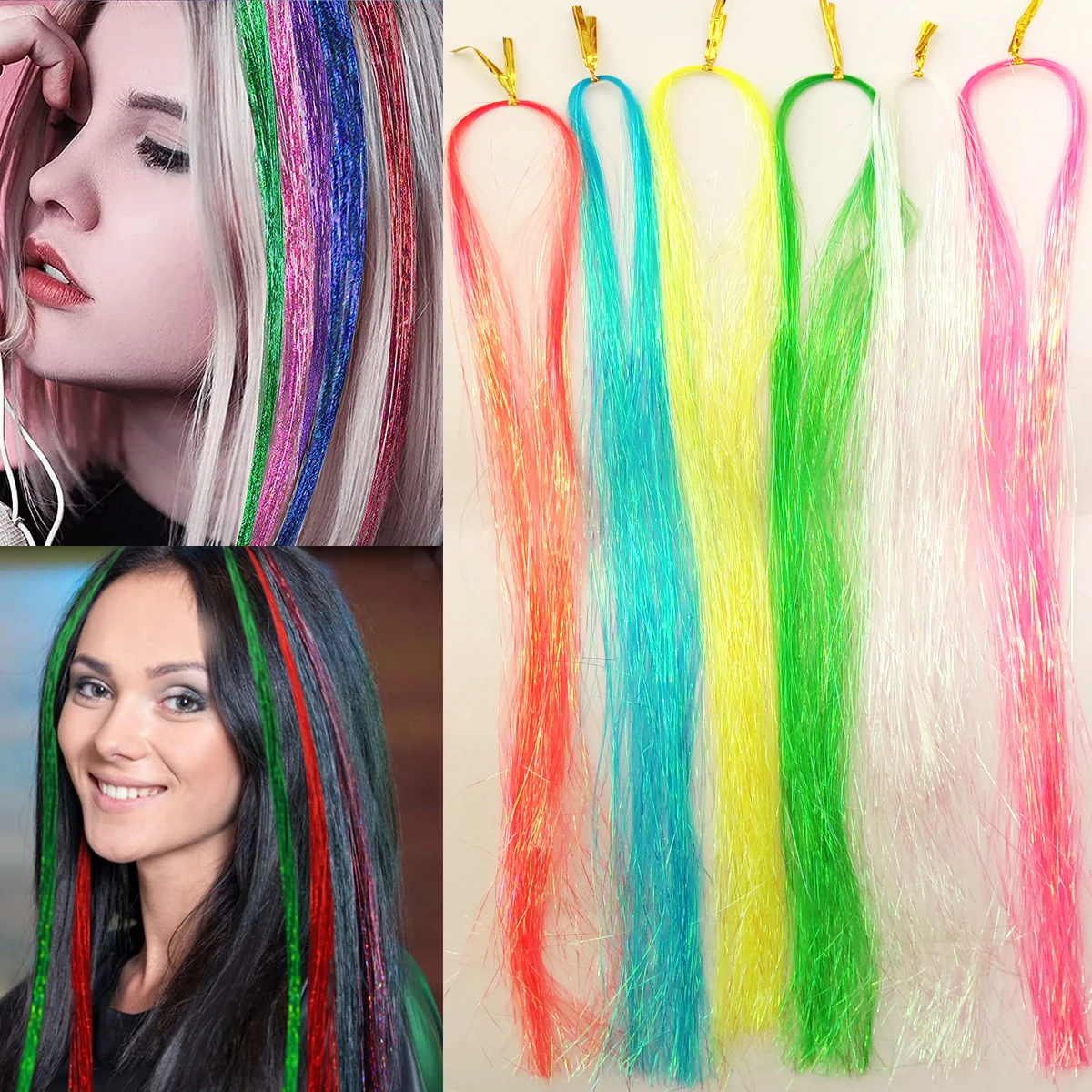 90cm 1Pc Shiny Sparkle Threads Glitter Hair Tinsel Rainbow Strands Gold Hair Laser False Hair Extensions For Women Girl Kids
