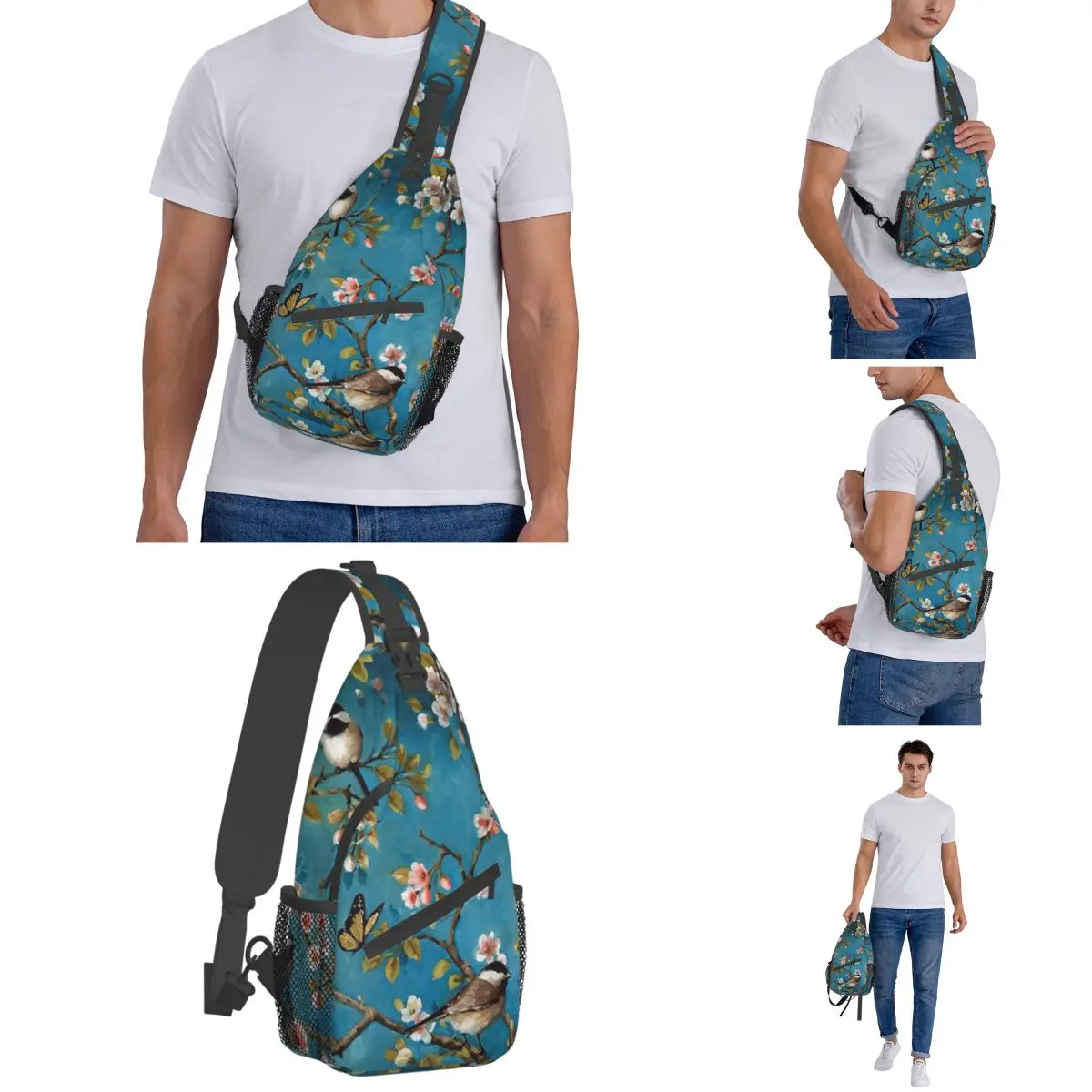 Pássaros flor de cereja flores Sling Bag peito Crossbody ombro mochila esportes ao ar livre Daypacks Floral moda saco