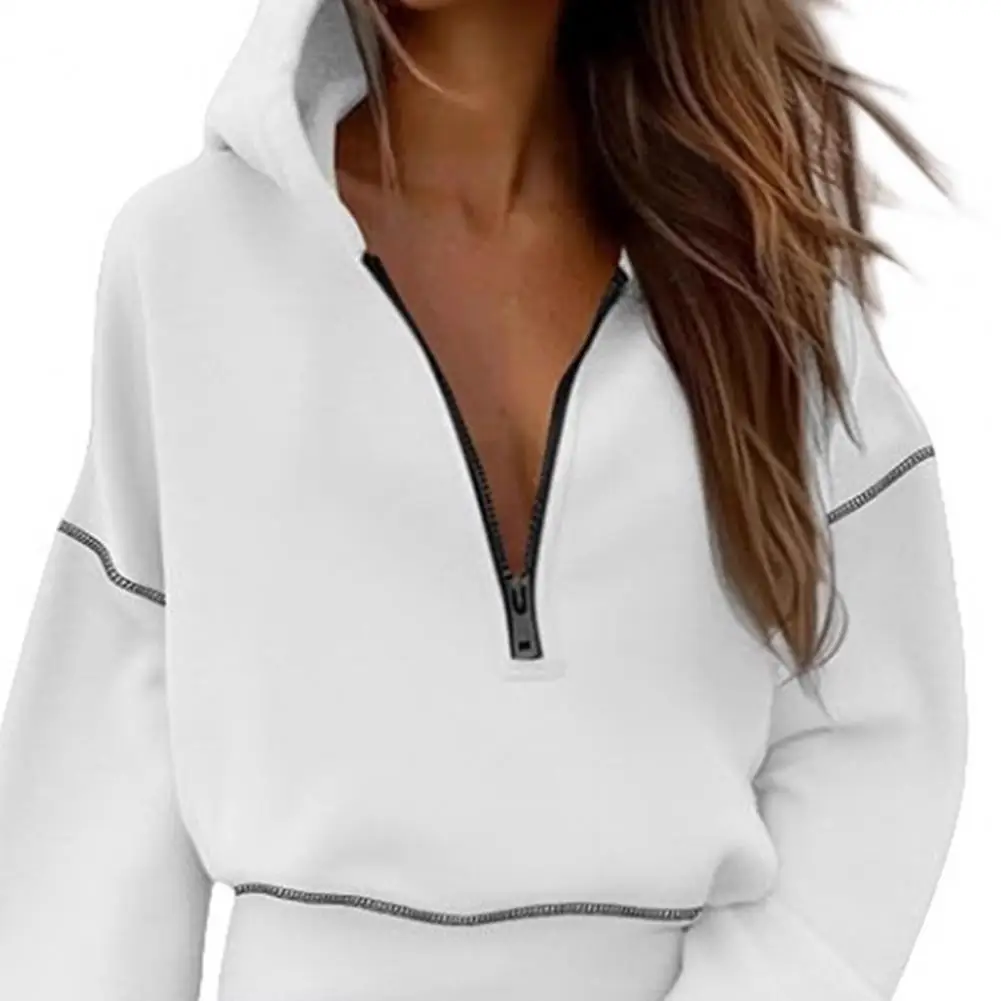 Effen kleur sweatshirt met capuchon, effen kleur damespullovertop met ritssluiting en lange mouwen