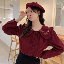 French Style Sweet Embroidered Doll Neck Corduroy Women's Shirt Spring Autumn Loose Versatile Long Sleeves Chic Top for Women