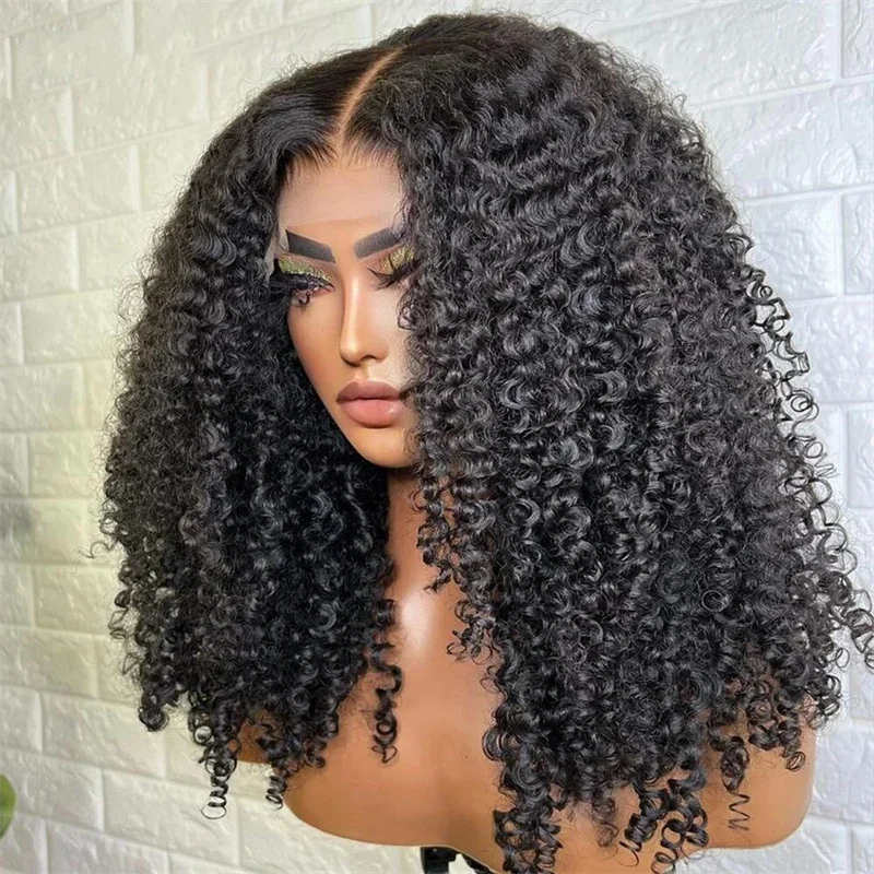 180Density 26Inch Long Black Kinky Curly Glueless Lace Front Wig For Women With Baby Hair Preplucked Daily