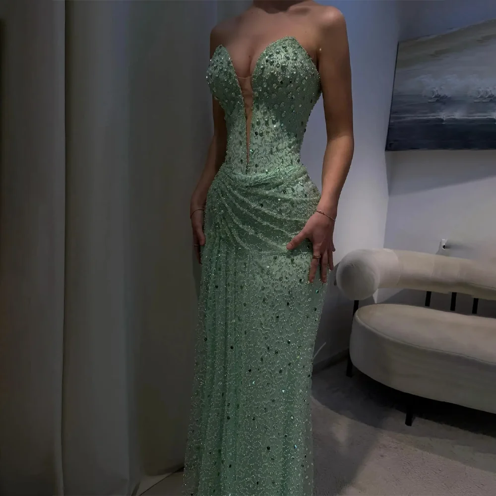 MANRUIXIN مخصص بلينغ حورية البحر فستان حفلة موسيقية حجم كبير بلا أكمام كريستال عالية الشق مطرزة مطوي فستان طويل امرأة دي غالا