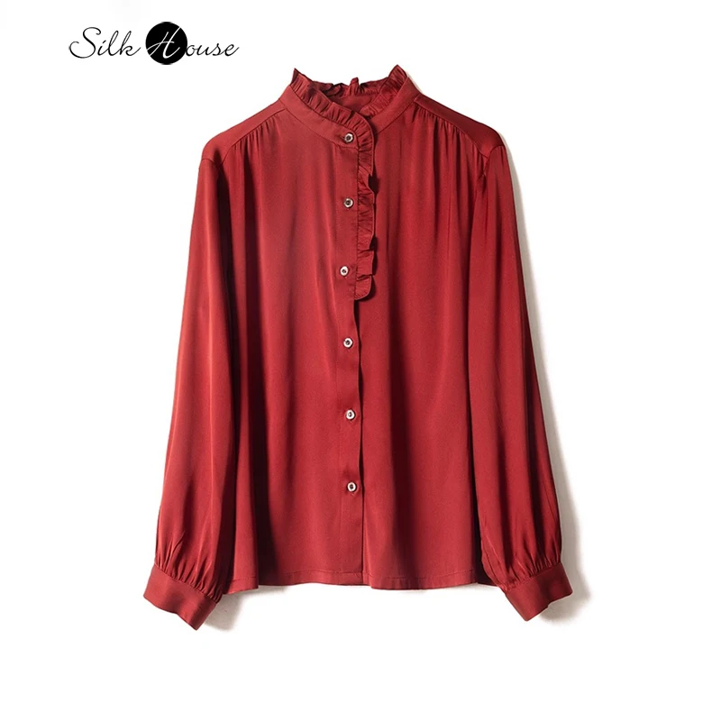 2024 Spring New Versatile 92.8%Natural Mulberry Silk Elastic Satin Comfortable Wine Red Solid Wood Ear Collar Shirt for Women