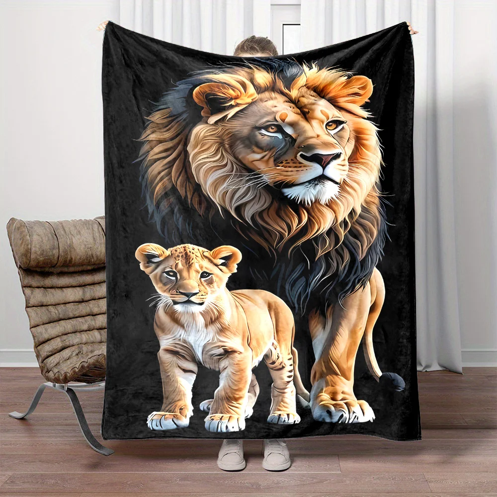 

Reversible Lion and Cub Print Flannel Throw Blanket - Contemporary Style, All Seasons, Digital Printing, Non-Woven Polyester