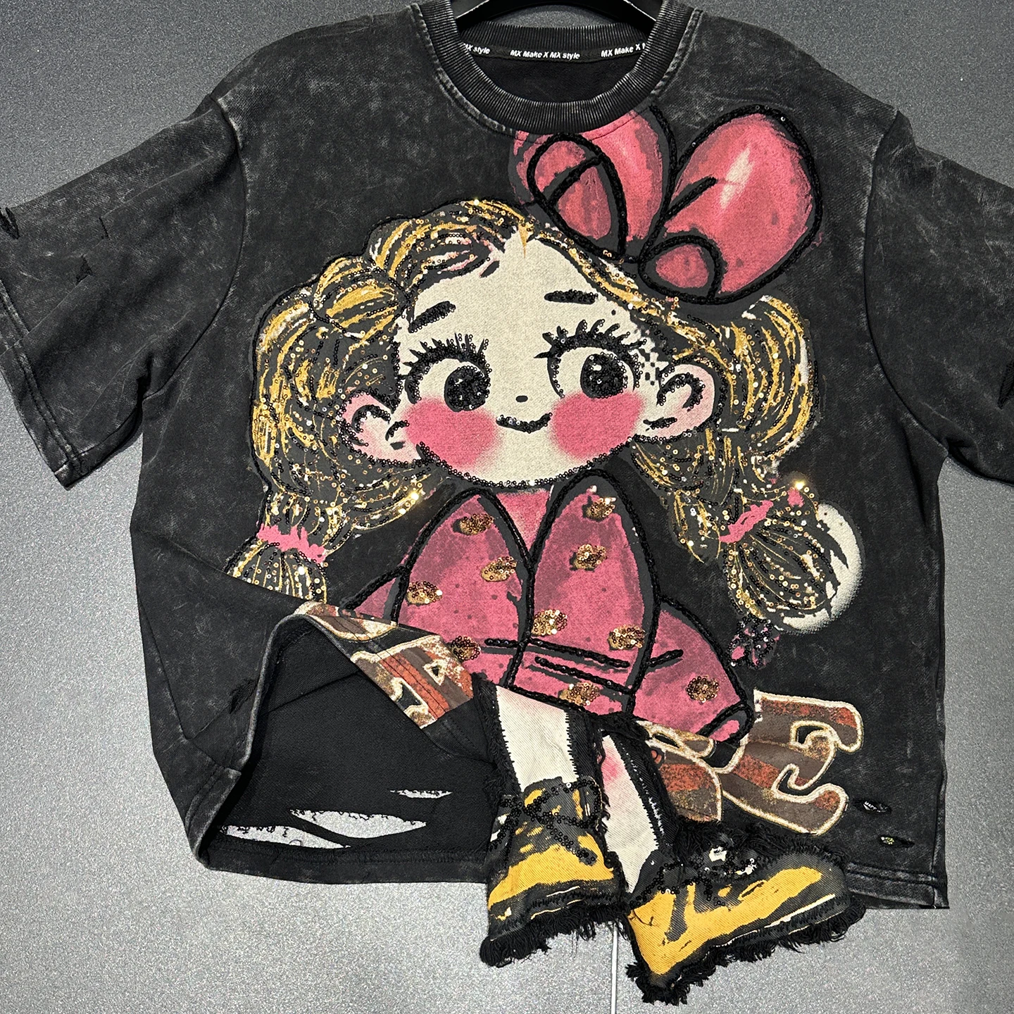 الربيع والخريف جديد الثقيلة الحرفية الكرتون 3D فتاة صغيرة قصيرة الأكمام تي شيرت للنساء فضفاضة عارضة الحلو نمط نصف كم أعلى #4