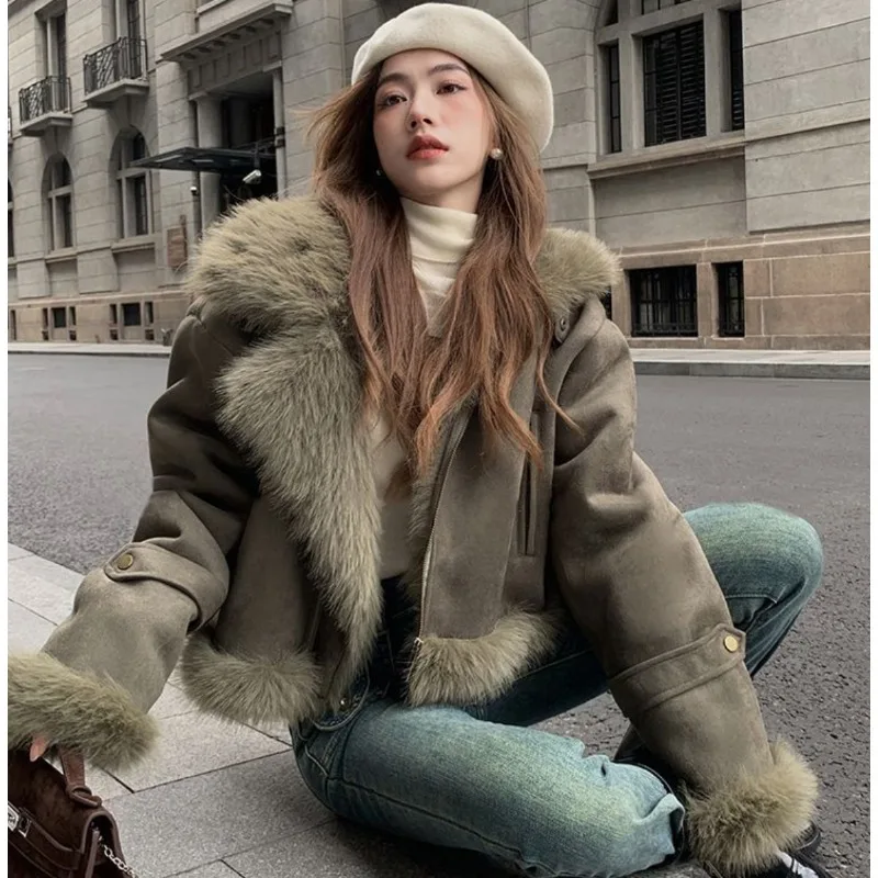 

Цельное пальто из искусственного меха, женский короткий мотоциклетный костюм, женская стройная корейская куртка из искусственного меха, зимний топ, женское модное пальто