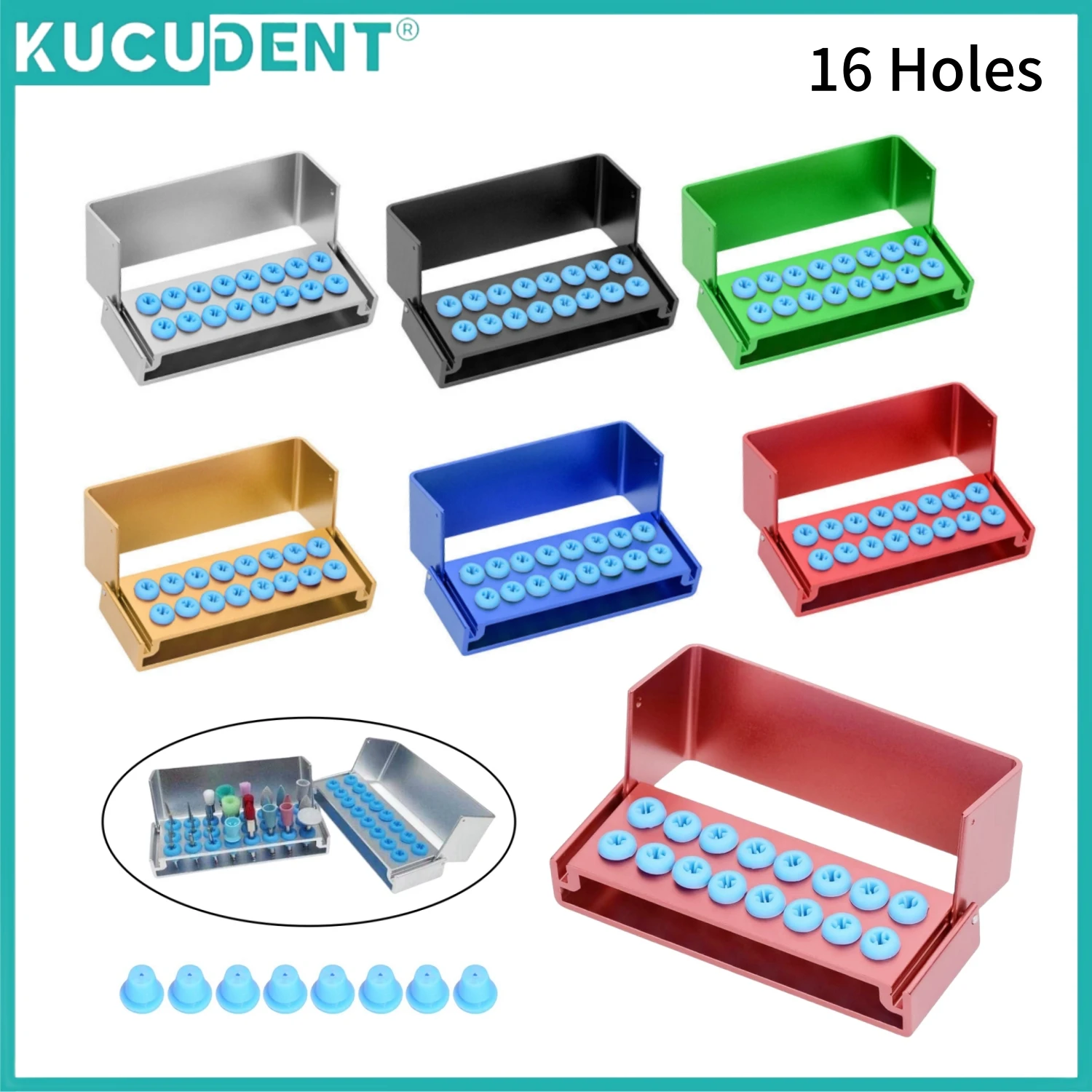 16 Holes Dental Burs Holder Block Autoclavable Aluminium Disinfection Box Endo Files Organizer for High/Low Speed Burs