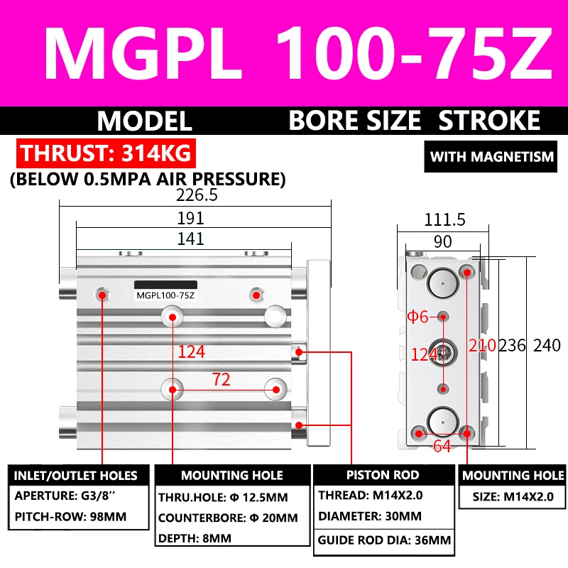 

ABILKEEN MGPL100-75Z MGPL Three Axis Pneumatic Compact Guide Cylinder 100MM Bore X 75MM Stroke Three Axis Three Rod Air Cylinder