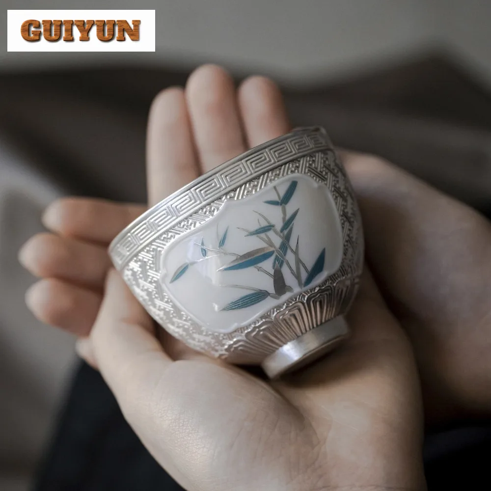 100ml Luxury 999 Sterling Silver Gilded Teacup Handamde Bamboo Cup for Tea Meditation Cup Chinese Tea Set Ornaments Gift Box