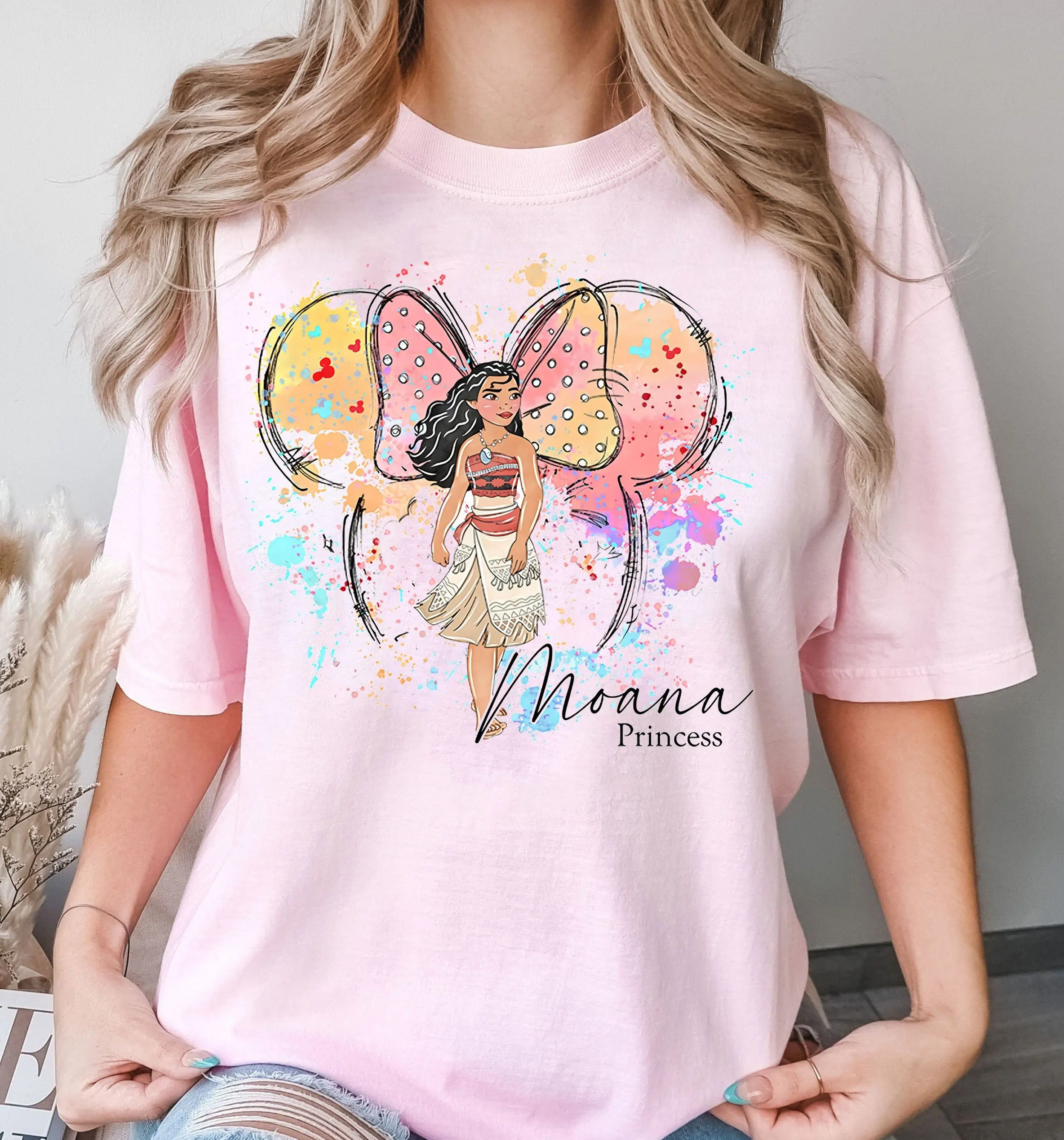 

Retro Disney Moana Princess Shirt Cute Minnie Ears Princess Disney T-shirt Water Color Disney Princess Painting