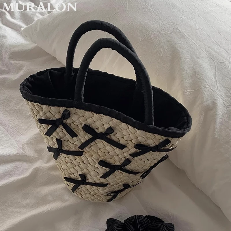 Bow Decoration Pink Woven Bag Women Niche Design Sense Sweet Cute Straw Totes Fashion Shopping Basket Bucket Bag