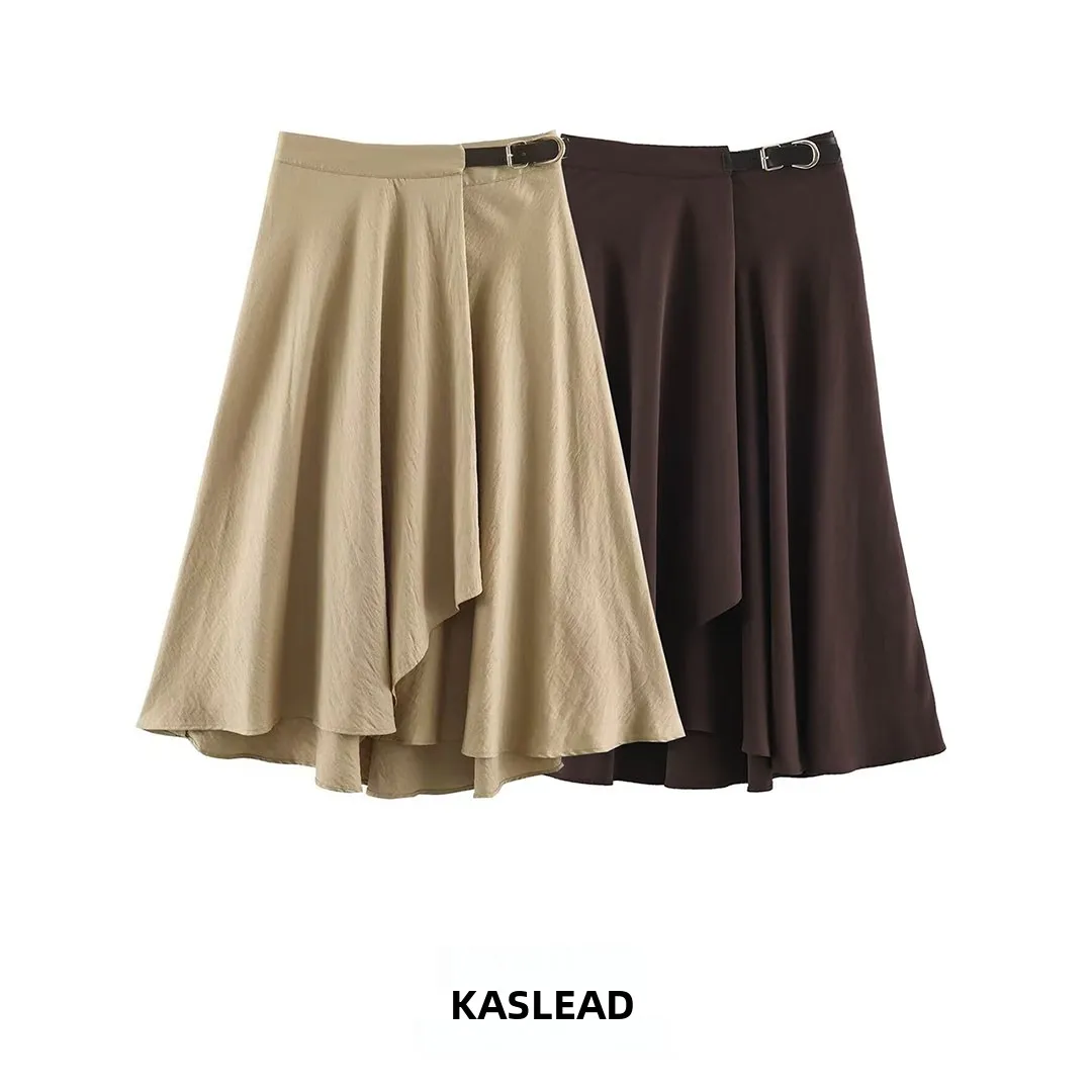 KASLEAD New Women's Midi Skirt with Buckle Decoration High-End Feeling A-Line Skirt Polyester Fiber mid Waist Autumn Season