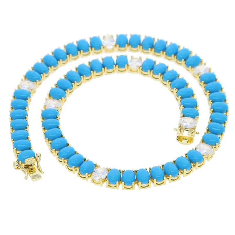 Fashion Geometric Oval Blue Turquoises CZ Chains Necklaces for Women with Gold Silver Color 41cm Chain Jewelry for Party