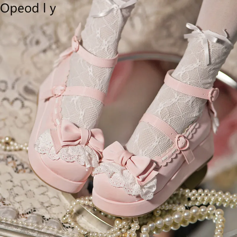 

Lolita Original Platform Lace Bow Round Head Princess Single Shoes Sweet Girl Cute Temperament Lace Lady Mary Jane Women's Shoes