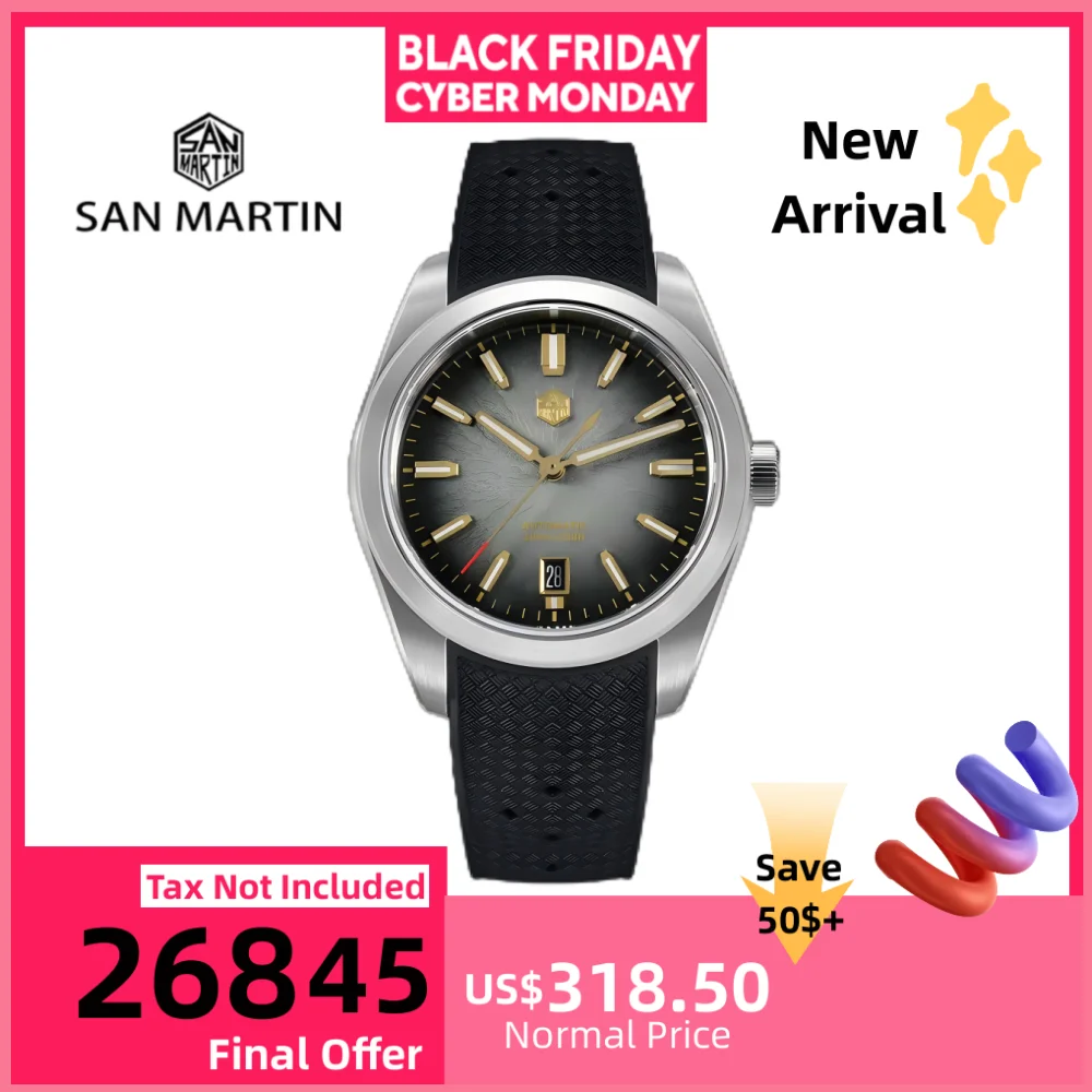 

San Martin GADA JianZhan 36/39/42 мм Мужские часы Автоматические изогнутые концевые звенья Версия FKM Резиновый ремешок BGW-X1 Платье SN0144GS/X/L-3