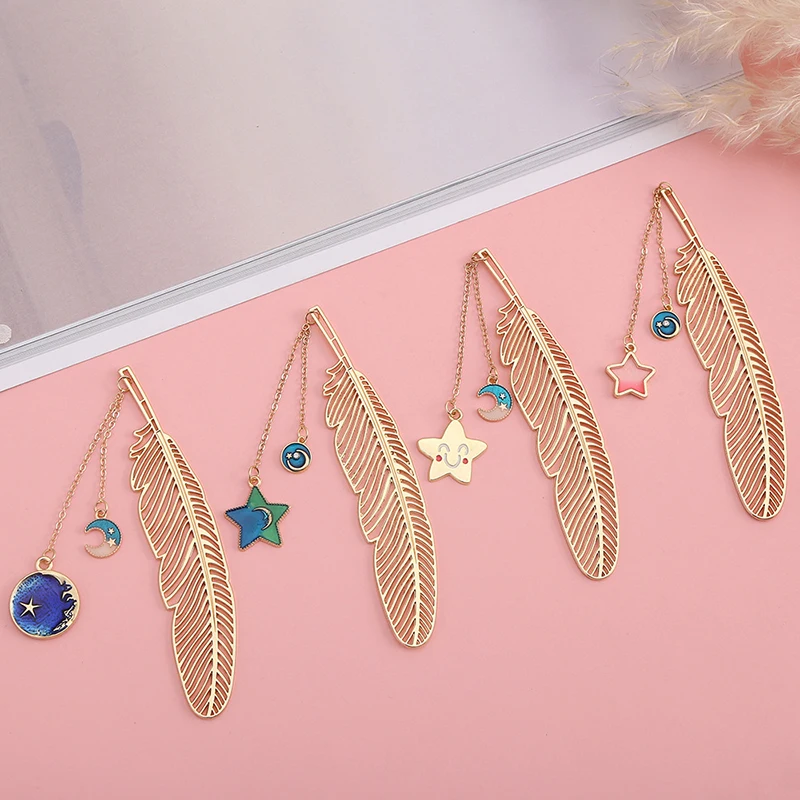 Dreamy Starry Sky Feather Bookmark Metal Pendant Bookmark Cute Stationery Supplies Handheld Account Decoration Pendant