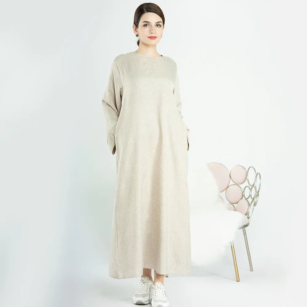 Eid Linen Muslim Abaya Dress Dubai Turkey Loose Plain Abayas African Long Dresses for Women Arabic Kaftan Robe Islam Clothing