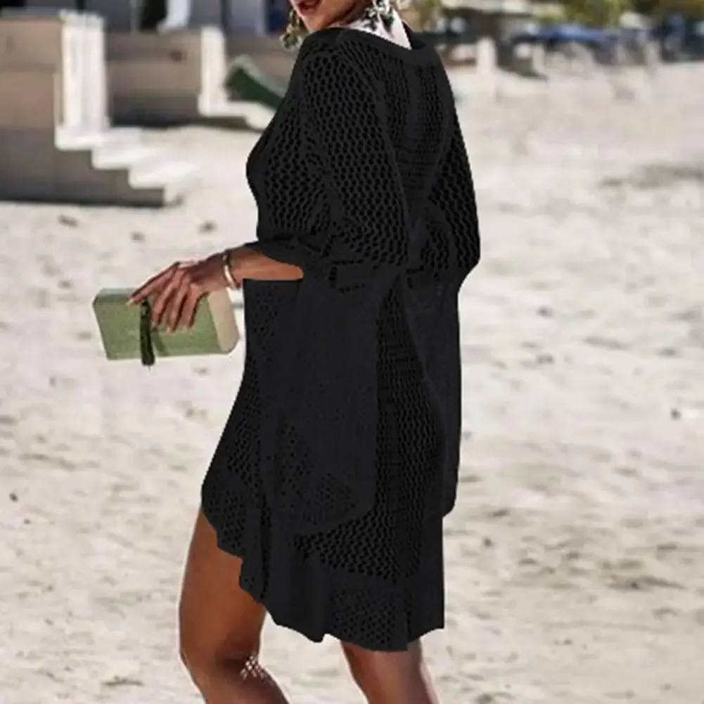 BWQ セクシーな女性の水着ビーチカバーアップ中空ニット女性フレアスリーブソリッドカラービーチドレスサイダデプライア