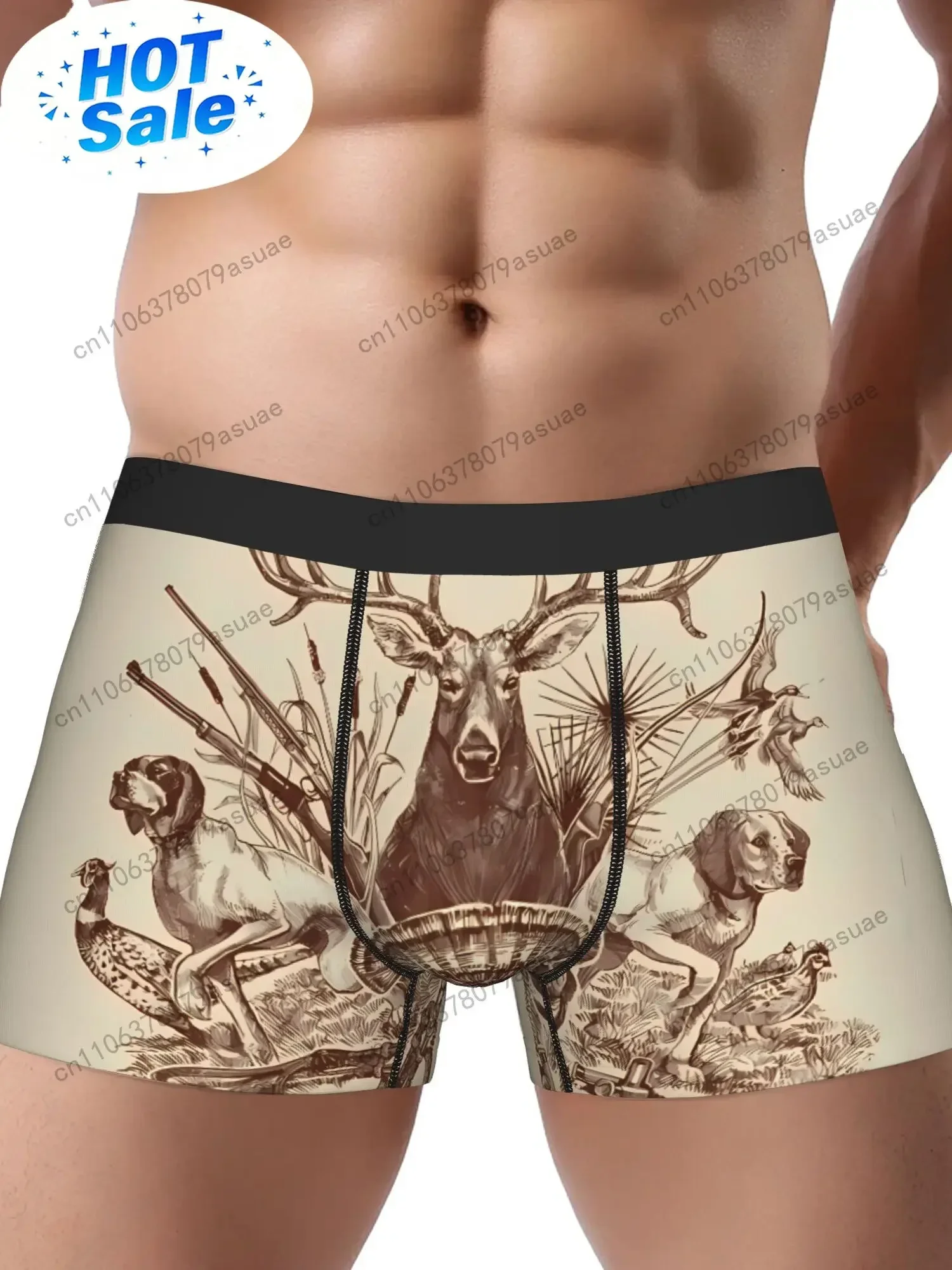 Men's Underwear - Non-Transparent Briefs with Deer Hunting Scene Prints - Beige/Black Wildlife design - Everyday The Black