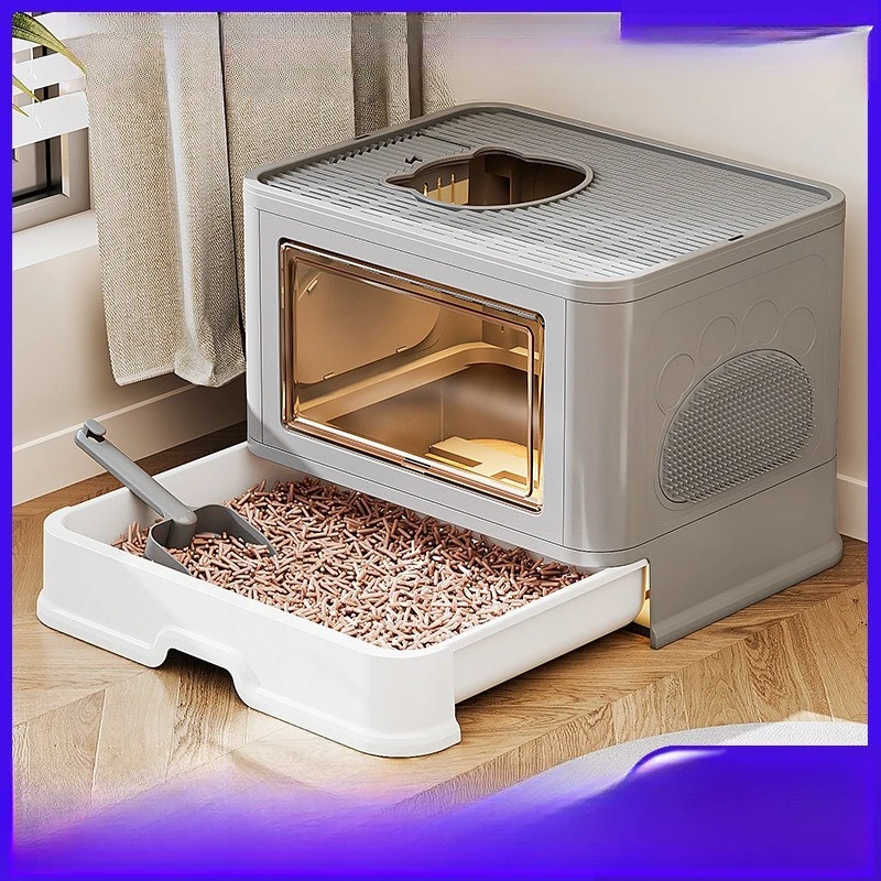 PP Large Fully Enclosed Drawer Type Cat Litter Box Foldable Anti-Splash Cat Toilet With Grooming Brush For Cats