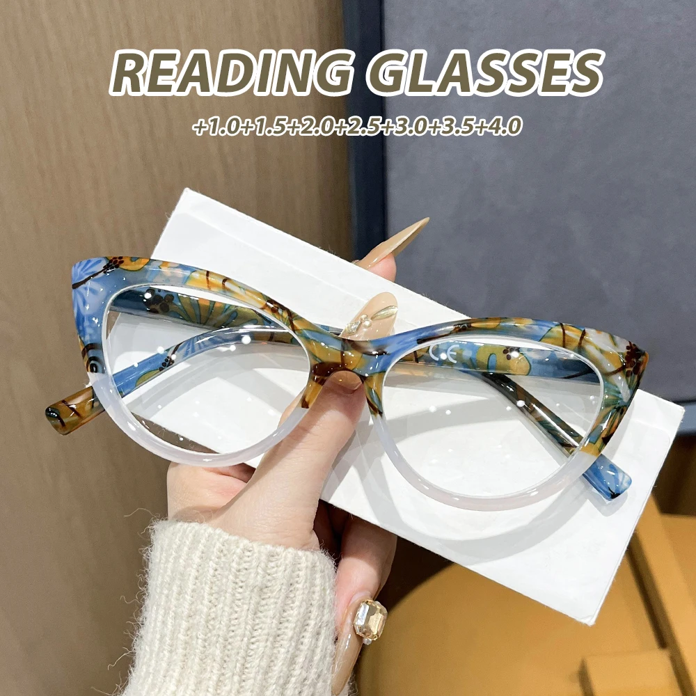 Oyalie Künstlerisch gemusterte Cat-Eye-Lesebrille mit exquisitem Cat-Eye-Rahmendesign, künstlerischer Farbverlaufstextur, handbemalter künstlerischer Texturrahmen, der das Aussehen des Gesichts
