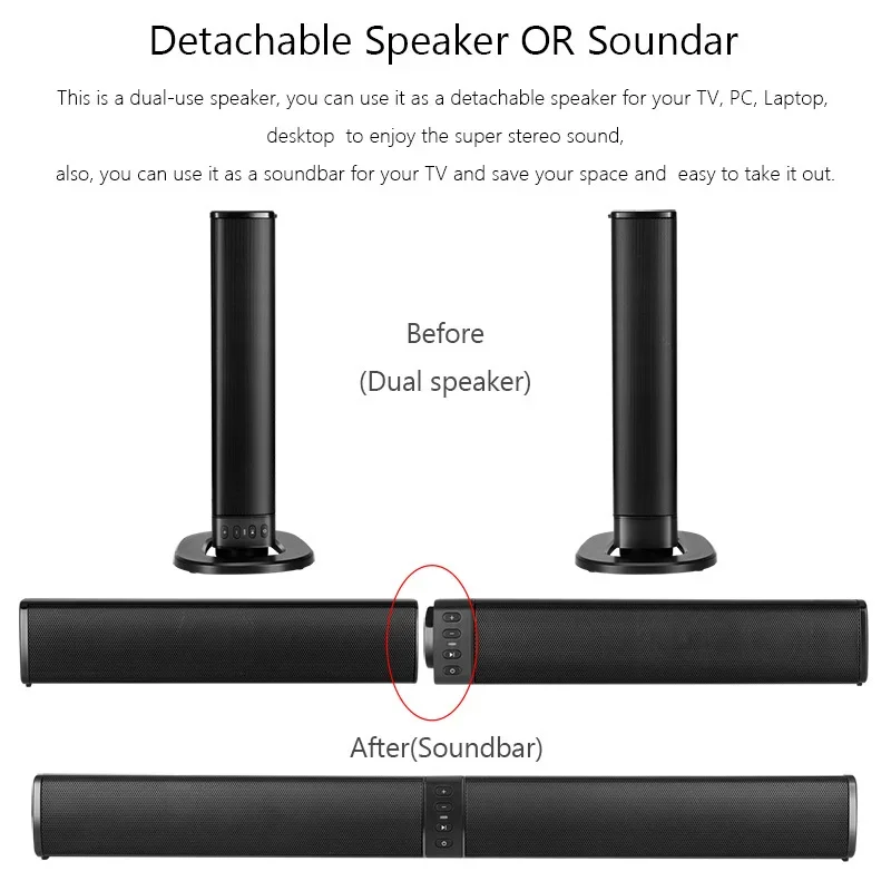 Home Theater Sound System 40W High Power Soundbar Wireless Bluetooth Speaker for TV Computer Projector Echo Wall Split Subwoofer