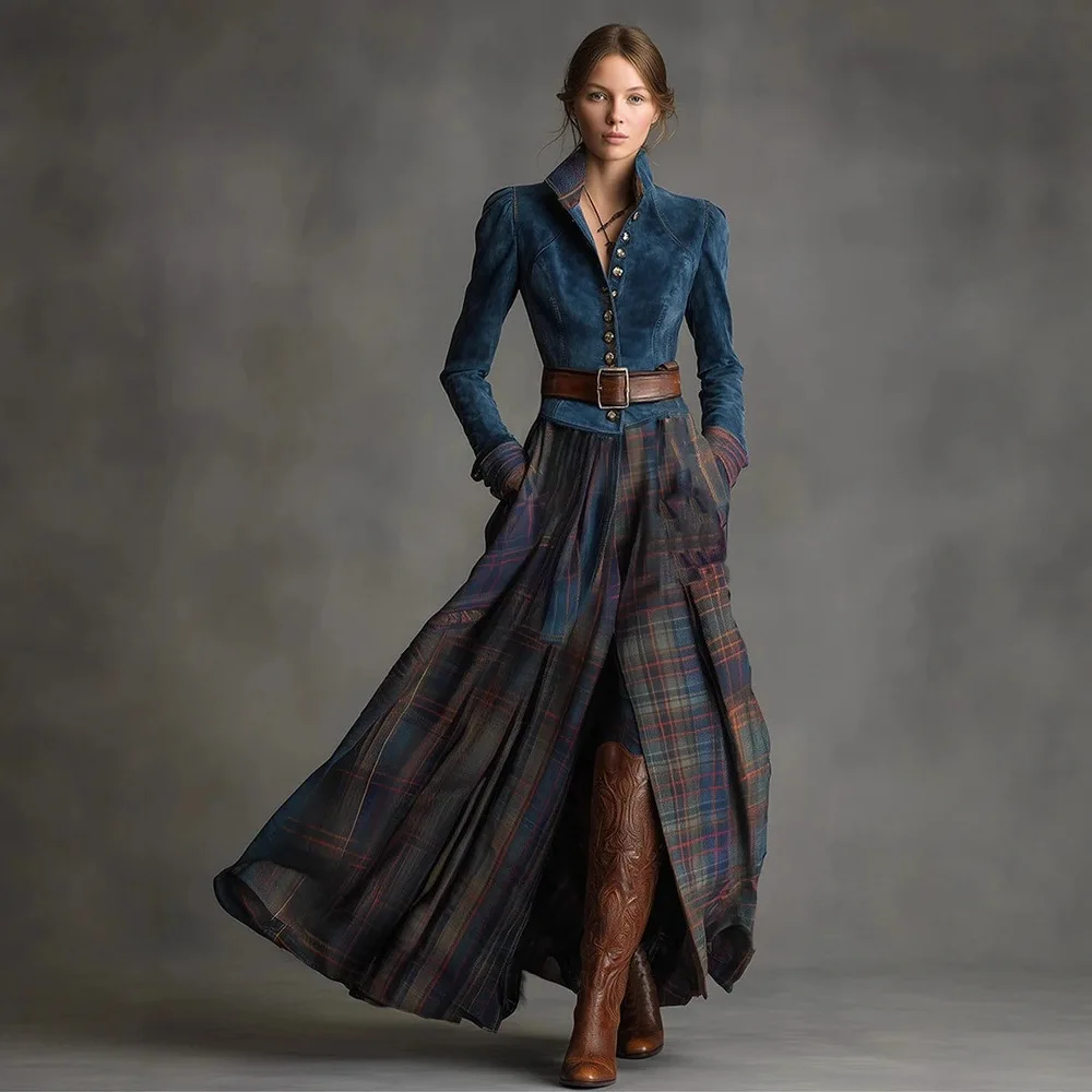 Nuovo Abito Lungo da Donna Autunno Inverno in Pelle Verde con Inserti in Velluto a Righe, Vita Alta con Bottoni