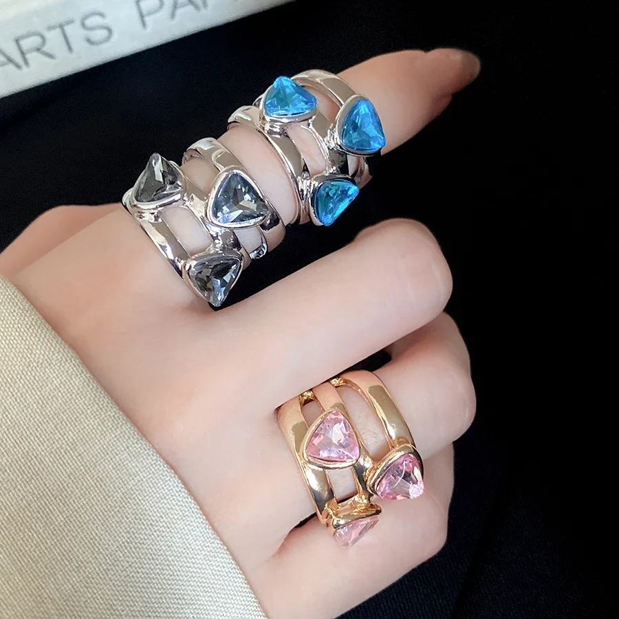 Gold Silver Tone Colorful Triangle Stone Double Layer Open Stackable Rings for Women Fashion Daily Party Wear Accessories