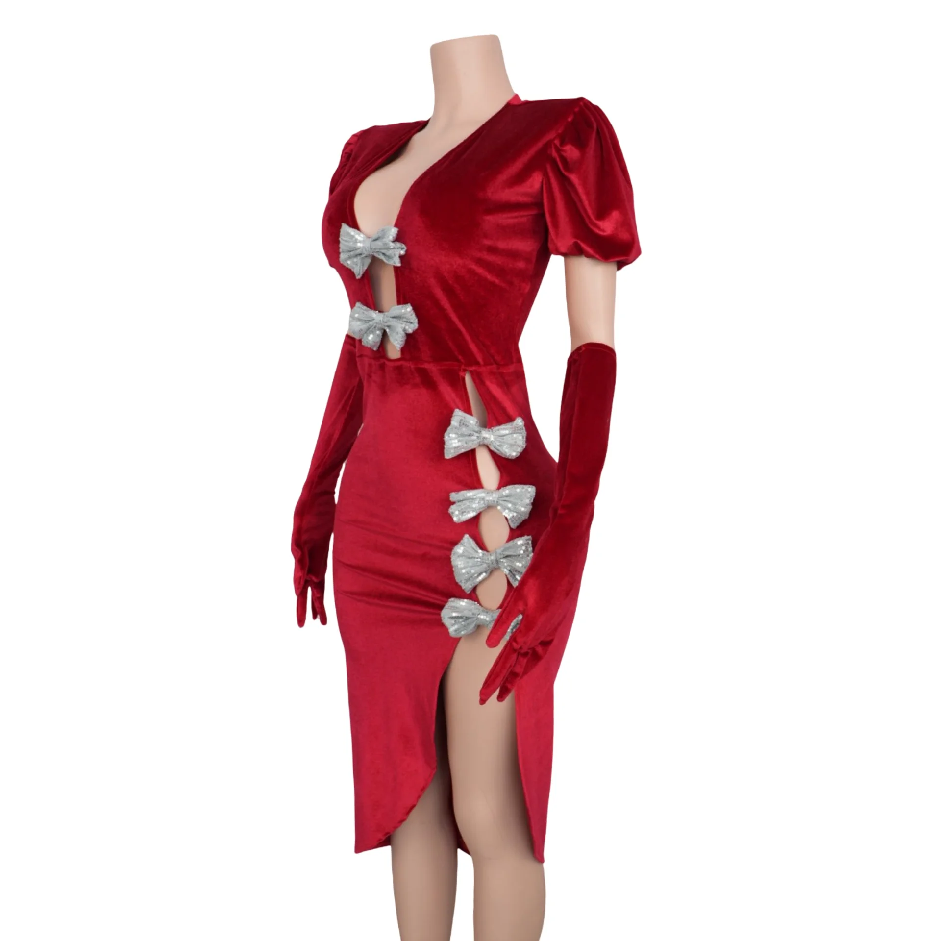 

Bowknot Red Velvet Deep V Neck Short Dress with Gloves High Side Slits Evening Dress Birthday Celebrate Party Photo Shoot Wear