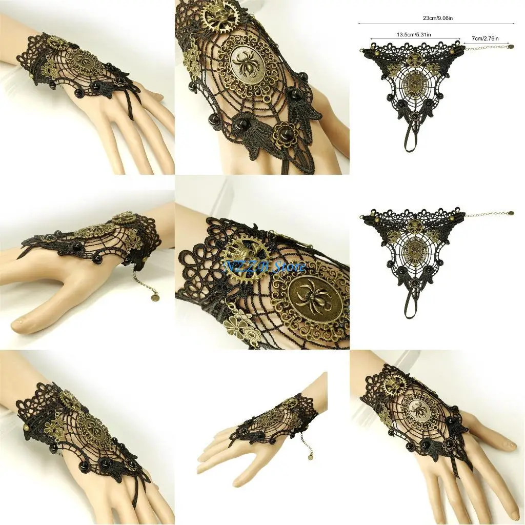 

T21F Spiders Webs Lace Gloves Skull Steampunk Mittens Women's Bracelets Black Gloves Costume Accessories